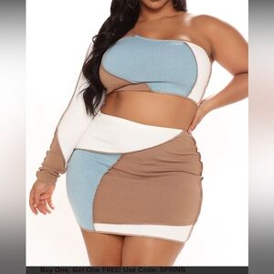 Asymmetrical Blue and Tan Mini Pencil Skirt